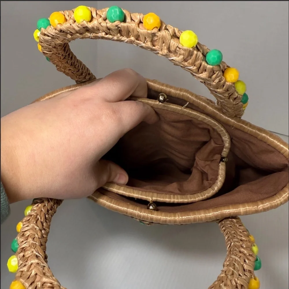 Vintage Macrame Handbag Straw Multicolor Beaded Purse Unique Made In Japan NIB - Picture 6 of 8